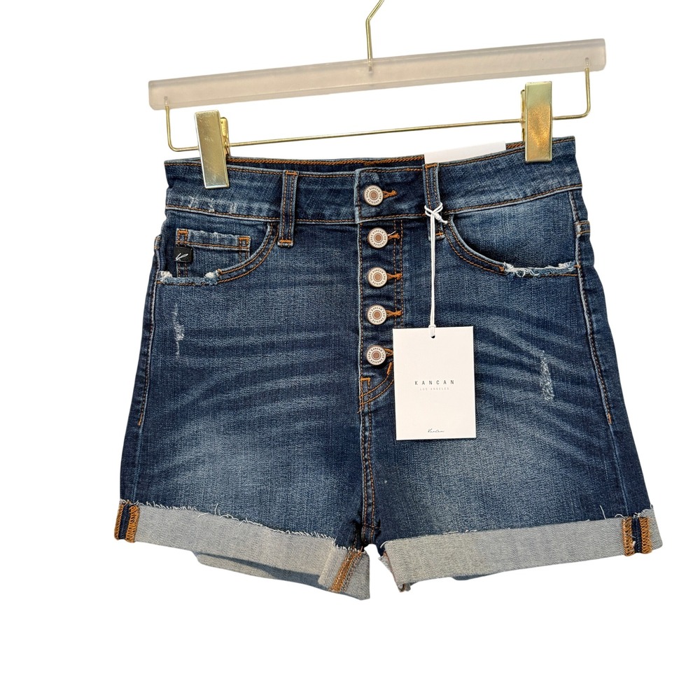 Kancan High Rise‎ Button Fly Distressed Denim Shorts Medium Wash KC9113D Size M